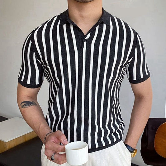 2023 Spring Summer Short Sleeve Knitted Stripe Polo Shirt Casual Men Button Turn-down Collar Tops Men Fashion Polos Tee