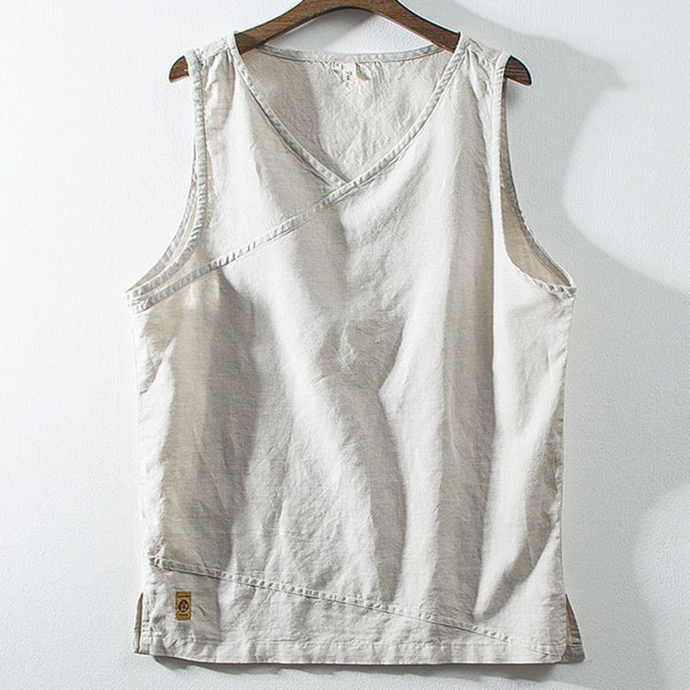 Summer Linen Vest Men's Loose Vest Retro Chinese Style Comfortable Vest Top V-neck Sleeveless Waistcoat Men's Clothing