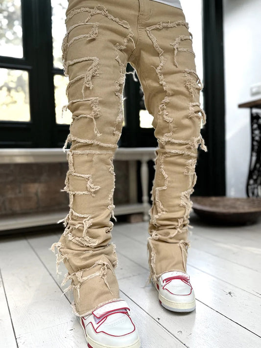 2023 Men's Distressed Ripped Jeans Slim Fit Stretch Denim Pants Straight Leg Streetwear Trousers