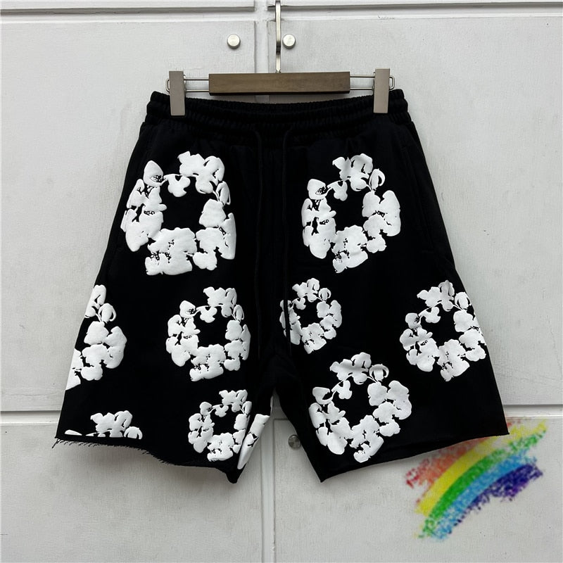 Black Gray Puff Print Shorts Men Women High-Quality Drawstring Shorts Breeches