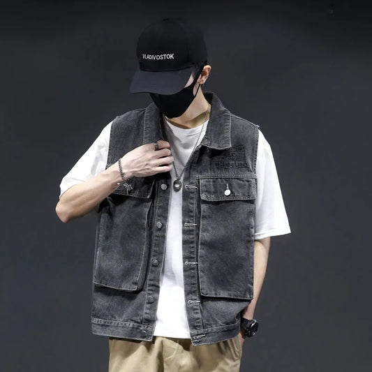 Spring Autumn All Season AllMatche Fashion Men's Solid PocketCool Boy Casual Loose Safari Style Tess Button Vest Denim jacket