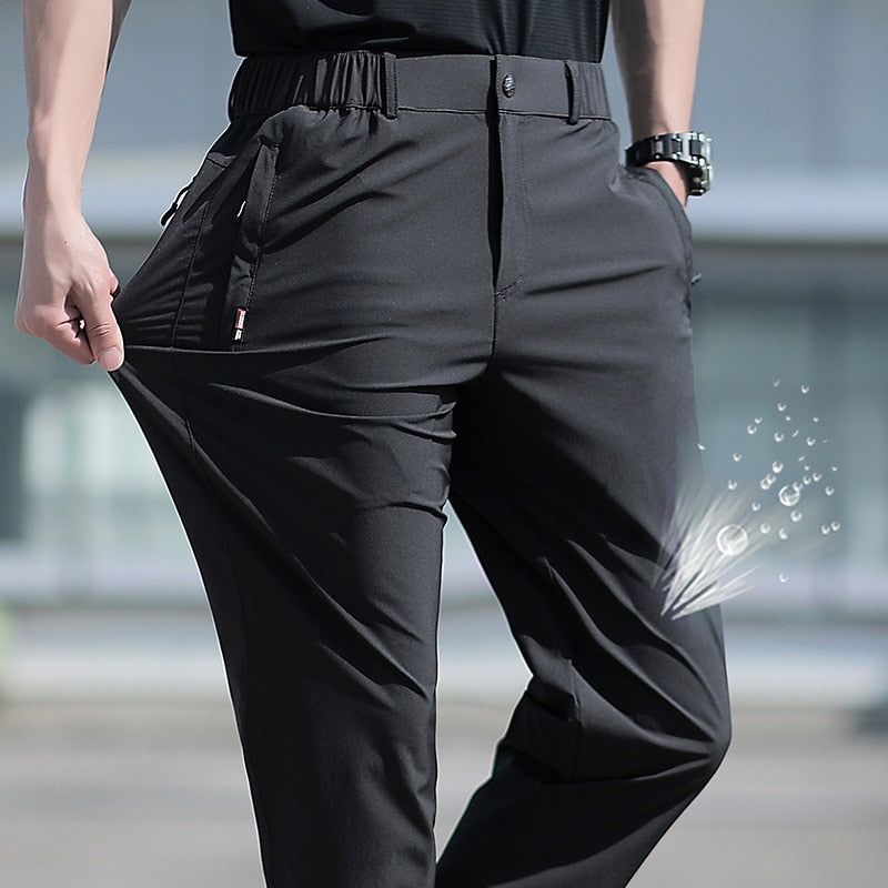 Large Size Men's Summer Pants Big Size Ice Silk Stretch Breathable Straight Leg Pants 6XL Quick Dry Elastic Band Black Trousers