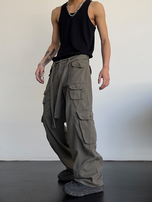 High street retro casual large pocket overalls men's and women's new summer high waist loose straight tube draped wide leg pants