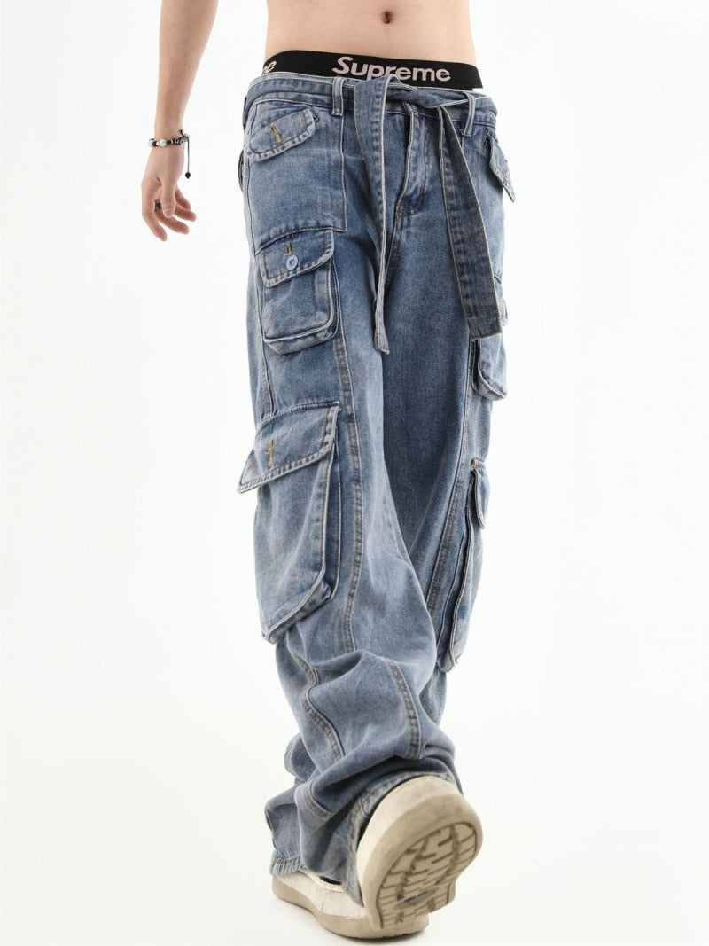 American retro multi-pocket high-waisted overalls men's y2k High street hip hop Gothic couple jeans casual straight leg pants