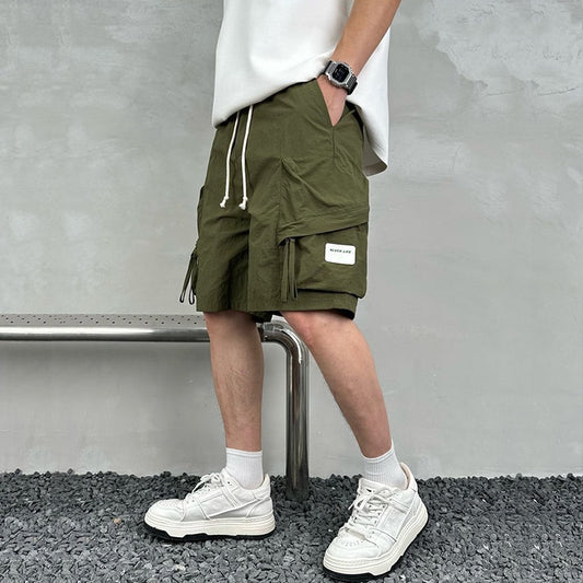 Tooling Shorts Men's Summer Loose Solid Color Five-point Beach Pants Trendy Ins Drawstring Multi-Pocket Short Pants Male