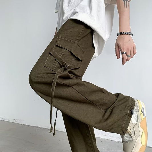 Japanese casual Cargo pants for women with a sense of small design Multi pocket leggings drawstring wide leg ulzzang pants loose