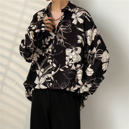 Spring Black Long-sleeved Shirt Men Fashion Society Mens Dress Shirt Korean Loose Casual Flower Shirt Mens Print Shirt M-3XL