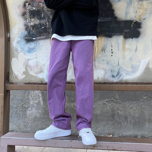 Korean Fashion Men Jeans Purple Green Loose Straight Vintage Casual Streetwear Skateboard Dance Denim Cargo Baggy Pants