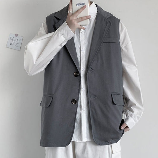 Summer All Season Men's Sloid Casual Loose Office Style Tess Button Vest Jacket Pocket Versatile Sleeveless Suit Vest