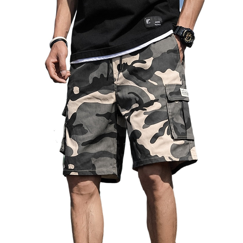 Summer Men's Outdoor Camouflage Cargo Shorts Pocket Cotton Casual Half Pants Mid Waist Drawstring Loose Shorts Bib Overalls 7XL