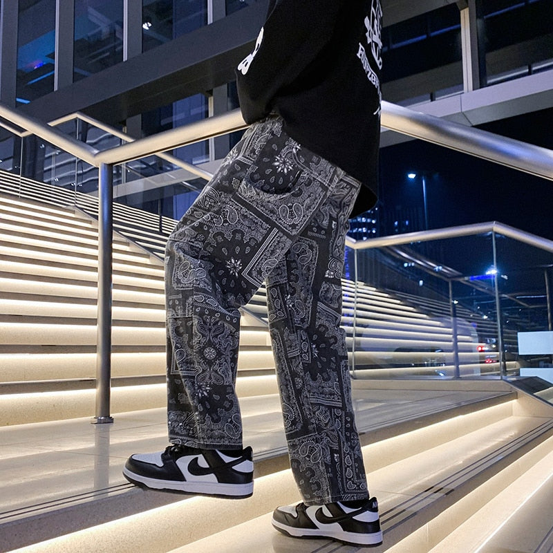 Spring New Men's Printed Black Baggy Jeans Korean Style  Denim Straight-leg Wide-leg Pants Male Trendy Brand Trousers