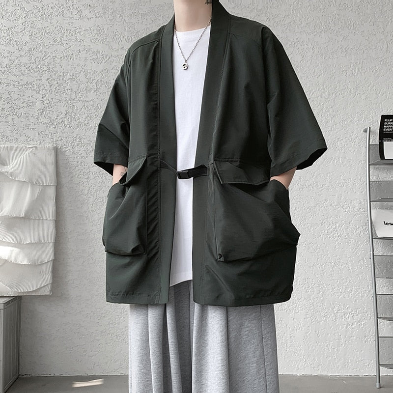 Fashion Men's Kimono Cardigan Men Oversize Shirts Popular Japanese Big Pocket Shirt Yukata Top Costume Men Clothing 2023