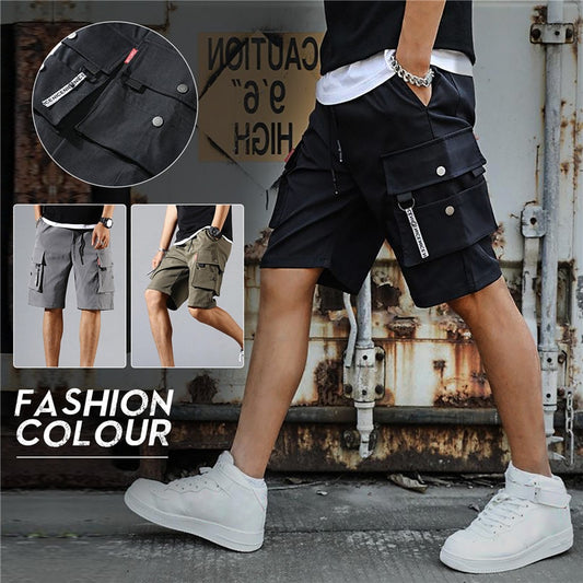 Men Cargo Shorts Tactical Joggers Shorts Work Casual Pants Male Multi Pockets Buttons Loose Wide Leg Knee Length Summer Shorts