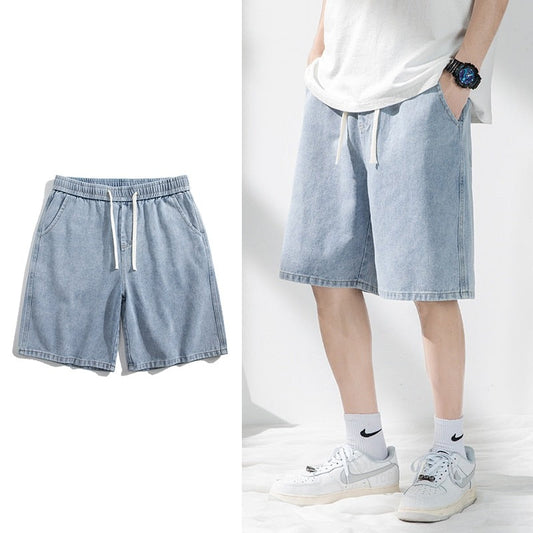 Summer Thin Men's Denim Shorts Baggy Straight Fashion Elastic Waist Light Blue Short Jeans Korean Streetwear Knee Shorts Male