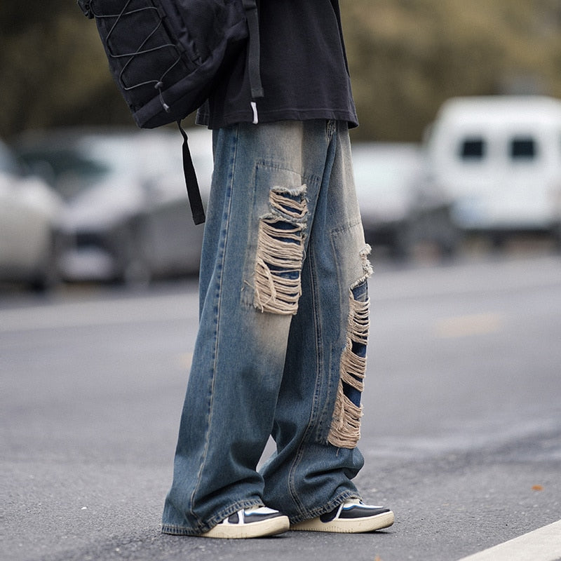 American style torn jeans, men's summer washed and worn-out, loose fitting wide leg straight tube mop, trendy high street pants