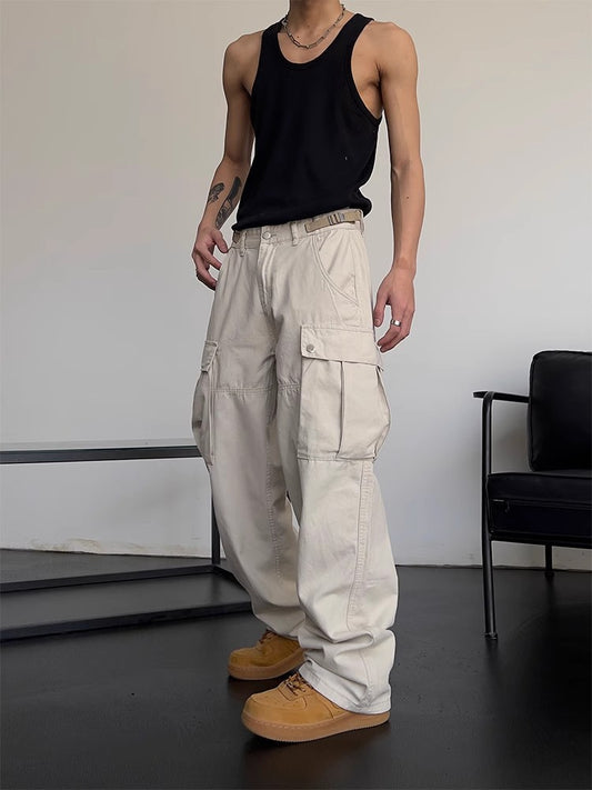 Cargo Pants Men High Street Retro Casual Large Pocket Overalls High Waist Loose Straight Tube Draped Wide Leg Pants For Women