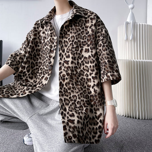 2023 Leopard Printed Shirt Men Loose Breathable Men's Shirts Summer Male Shirt High Street Casual Short Sleeve Tops