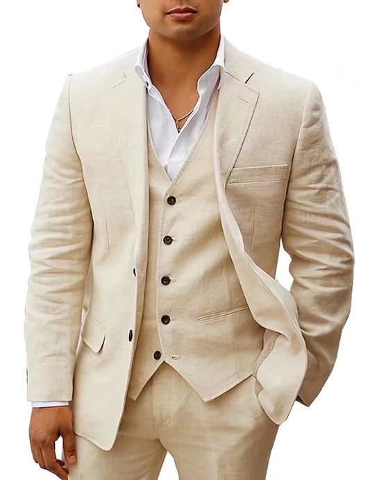 3Pcs Summer Linen Men Suits Jacket+Vest+Pants Solid Color Notch Lapel Formal Tuxedo Groom Beach Business Party Blazer Set