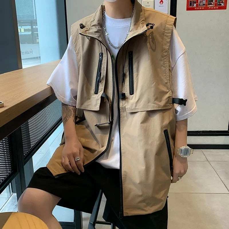 2023 Summer Fashion Men's Sloid Cool Boy Casual Loose Safari Style Tess Zipper Vest Jacket Pocket Versatile Sleeveless