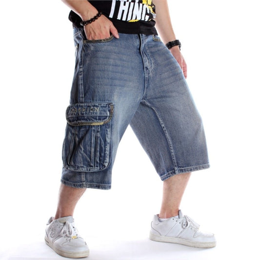 Summer Men's Loose Multi Pockets Cargo Denim Shorts Hip Hop Wide Leg Jeans Street Skateboarding Capris Shorts Plus Size 44 46