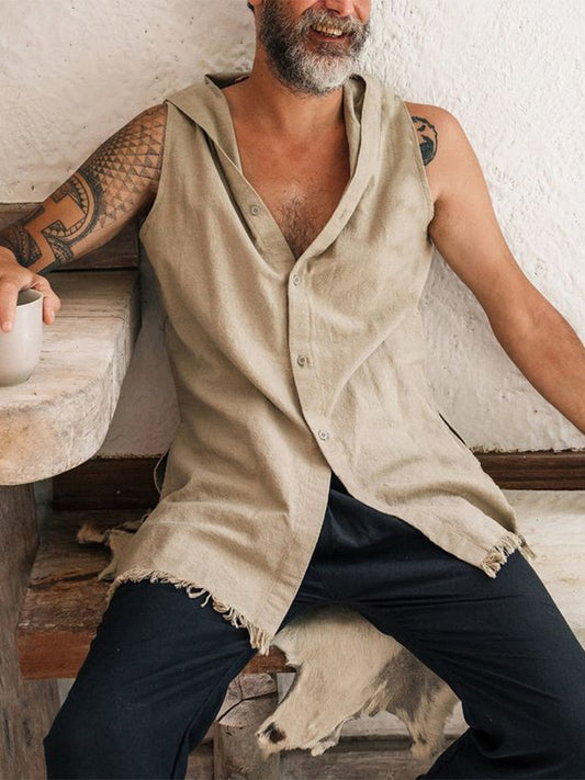 Spring Summer Sleeveless Casual Vest Shirt Men Fashion Hoodie Tank Top Vintage Solid Buttoned Vest Pullover Mens Streetwear