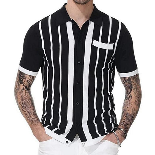 Polo Men Short Sleeve Slim Fit Knitwear Stripe Casual Suit Collar Button Polo  Breathable Summer Top Fashion Bussiness T-shirt