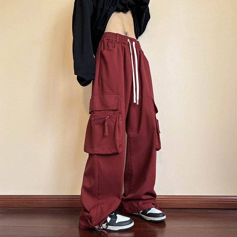 2023 Autumn Red Cotton Cargo Pants Men American Y2k Style Sweatpants Casual Loose Multi-pocket Pants Mens High Street Trousers