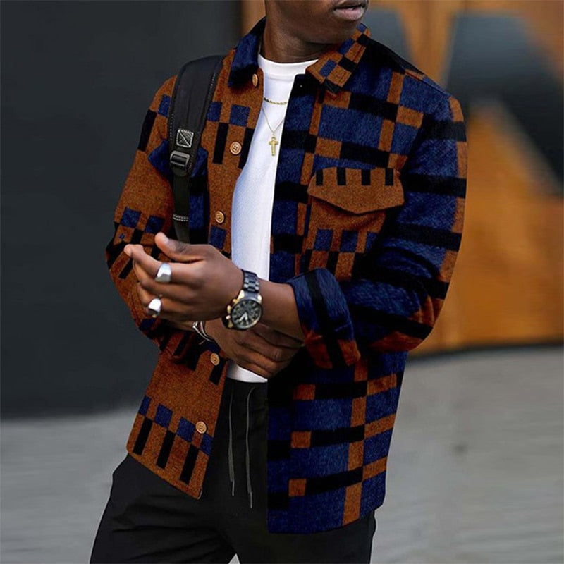 Vintage Geometric Striped Mens Jackets 2023 Spring Fashion Loose Lapel Coats Outerwear Winter Long Sleeve Button-down Men Jacket