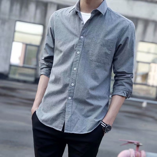 Men's Soild Oxford Long Sleeve Tee Shirt Youth Leisure Slim Fit Korean Fashion Blouse Luxury Elegant Shirts For Men Clothing