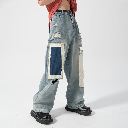 2024 Men's Hole Casual Jean Beggar Pants High Street wear Spliced Jeans Summer Trendy Worn Out Wide Leg Denim Pants streetwear