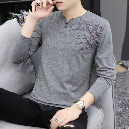 Autumn Winter New Print Casual Loose Fashion T-shirts Man Long Sleeve All Match Vintage Top Male Trend Korean Streetwear Clothes