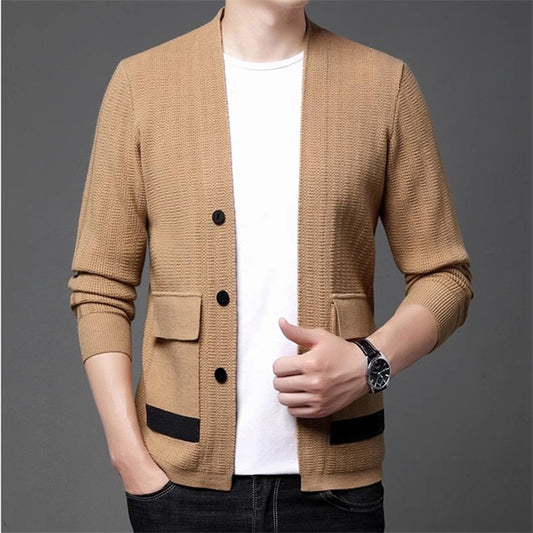 High Quality Autumn Knitted Cardigan Men Fashion Smart Casual Knit Sweatercoat Mens Slim Patchwork Cardigan Sweater Jacket Man