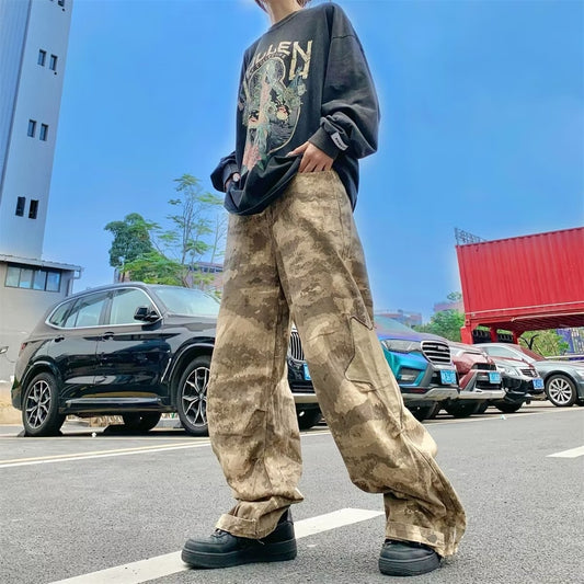 loose straight wide leg baggy camo army pants men's trend handsome versatile original pants japanese streetwear 2023 trousers