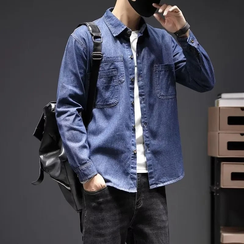 Spring Autumn Fashion Men's Solid Casual T-Shirt Loose Cool Boy Soft Versatile Tops Coat Pocket Denim Shirt Jacket Business