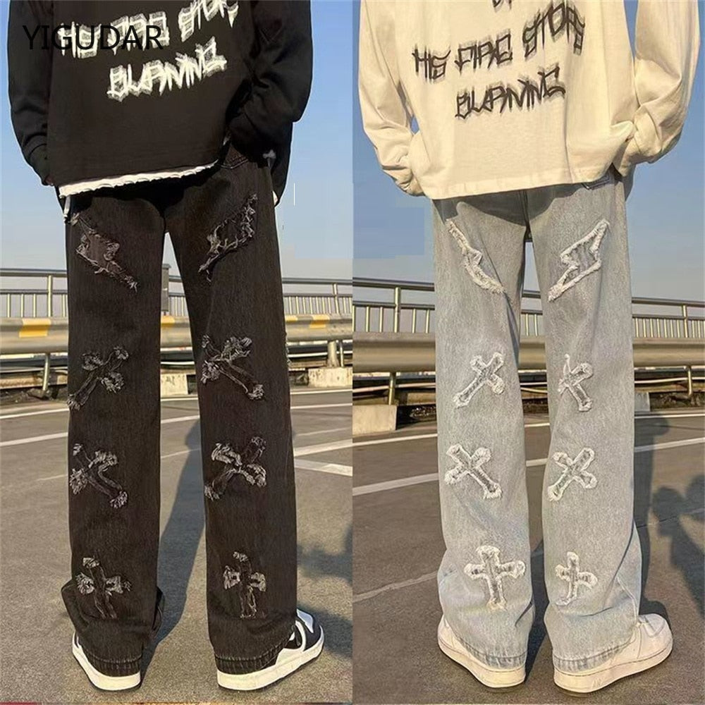 Men's Denim Pants Fashion Loose Wide Leg Jeans Casual Streetwear Printed Cross Trousers jeans Pants Baggy Men Jeans