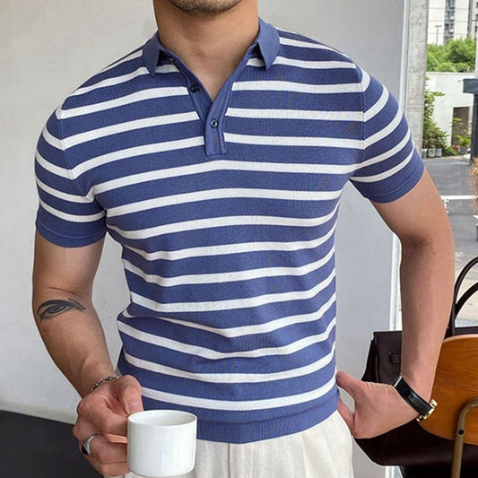 Men Knitted Short  Sleeve Polo Shirt Striped Casual Slim Fit Lapel Button Cardigan Breathable Top Tee  T-shirt Contrast Color