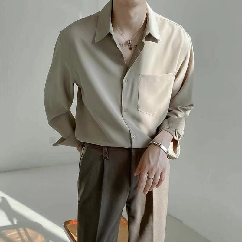 Spring New Senior Long Sleeve Button Down Shirts for Men Korean Fashion Loose Drape Solid Color All-match Men's Shirt Blouse