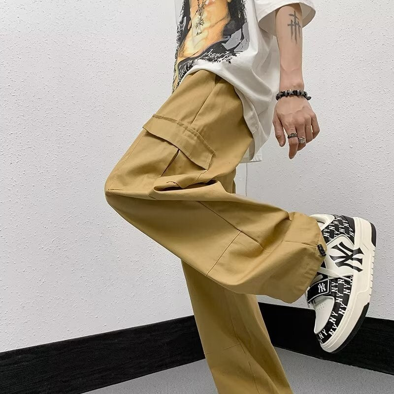 2023 Khaki cargo jogger vintage army pants men's summer thin ins trendy multi pocket straight tube casual pants Genuine