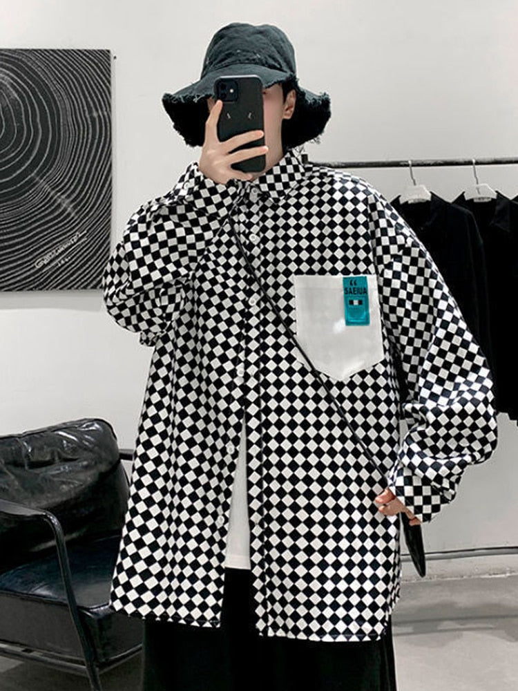 Japanese Plaid Long Sleeve Blouse Men Women Fashion Loose Oversized Button Up Shirts Mens Vintage Clothing