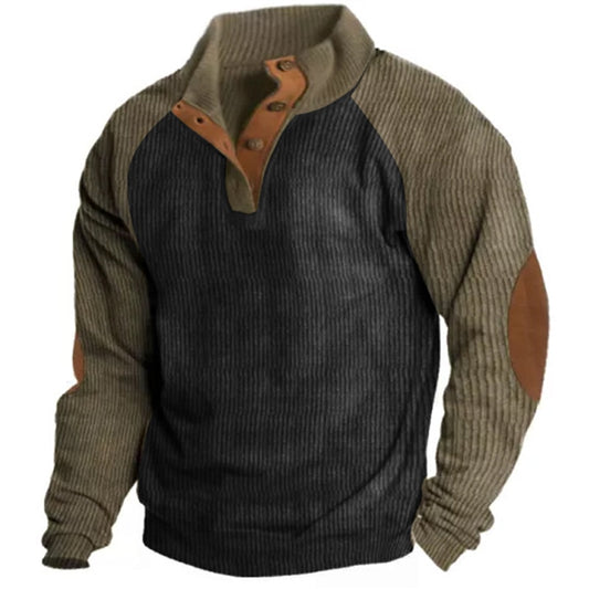 Casual Patchwork Ribbed Sweatshirt Mens 2023 Spring Long Sleeve Loose Stand Collar Button Pullovers Men Clothes Fashion Hoodies