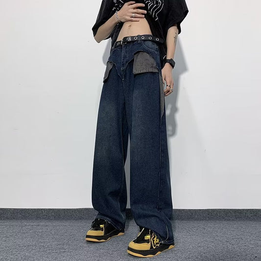 Design sense niche color contrast stitching jeans for women's spring 2023 new high waisted slim straight leg wide leg long pants