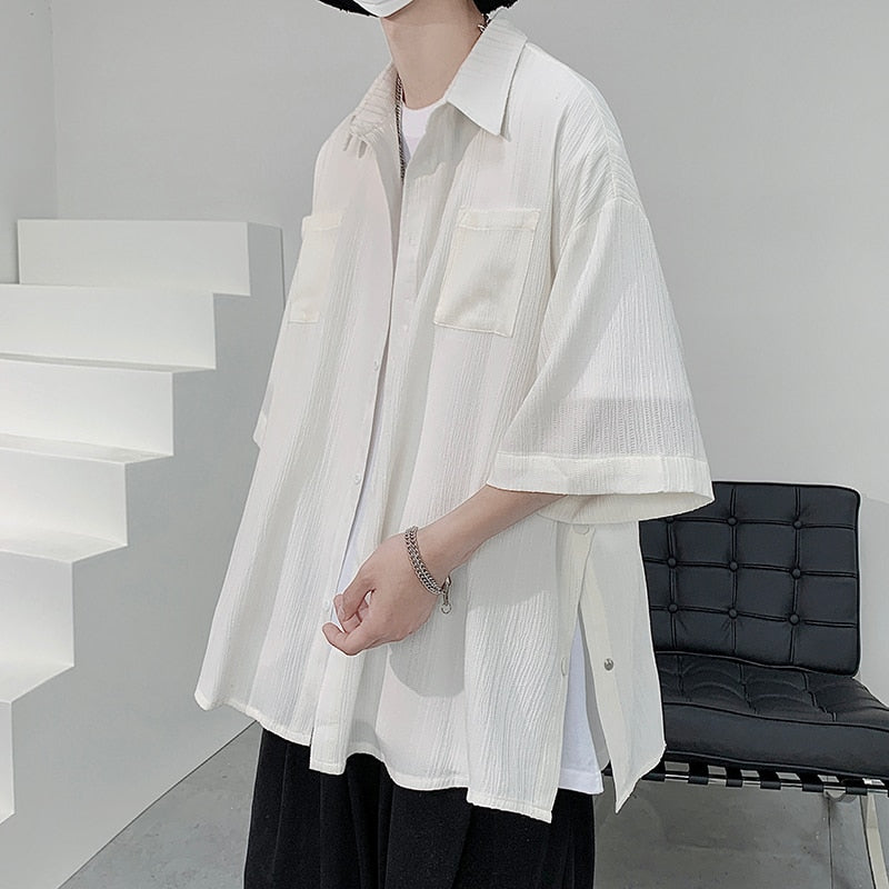 Y2k Blouse Men Side Buttons Black White Ice Silk Shirt Harajuku Pleated Button Up Korean Short Sleeve Aesthetic Male