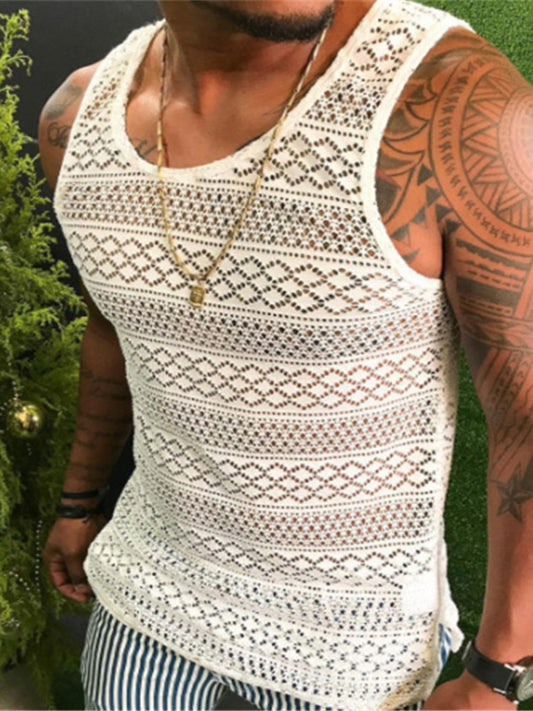 New Fashion Solid Vest For Men  Summer Sexy  Hollow Out Lace Tank Top Casual O-Neck Sleeveless Tops Pullover Mens Streetwear