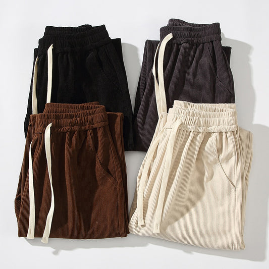 2023 Spring New Men's Corduroy Wide-leg Pants Korean Fashion Drawstring Design Casual Pants Male Brand Clothing Brown Grey