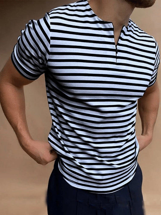 Casual Mens Striped T-shirts Summer Slim Fit Short Sleeve Pullover Tops New Fashion Zipper O-Neck Tee Shirts Men Streetwear