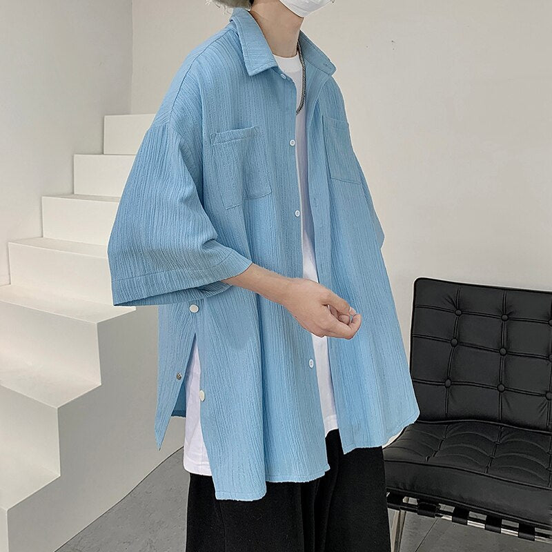 Summer Ice Silk Pleated Shirt Mens Side Slit Summer Short Sleeve Lapel Shirts Blouse Men Tops Loose Casual Clothing Camisas