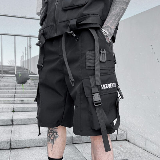 2023 Summer Techwear Cargo Shorts Rinbbons Multi Pockets Punk Hip Hop Short Pants For Man Street Casual Short Homme