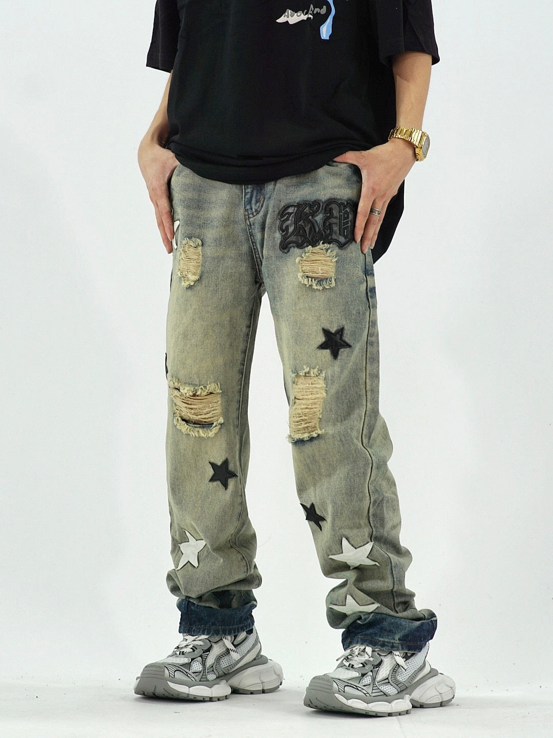 2023 American Street Wash Star Hole Jeans Men's and Women's Loose Straight High Street Pants streetwear pantalon homme jean New