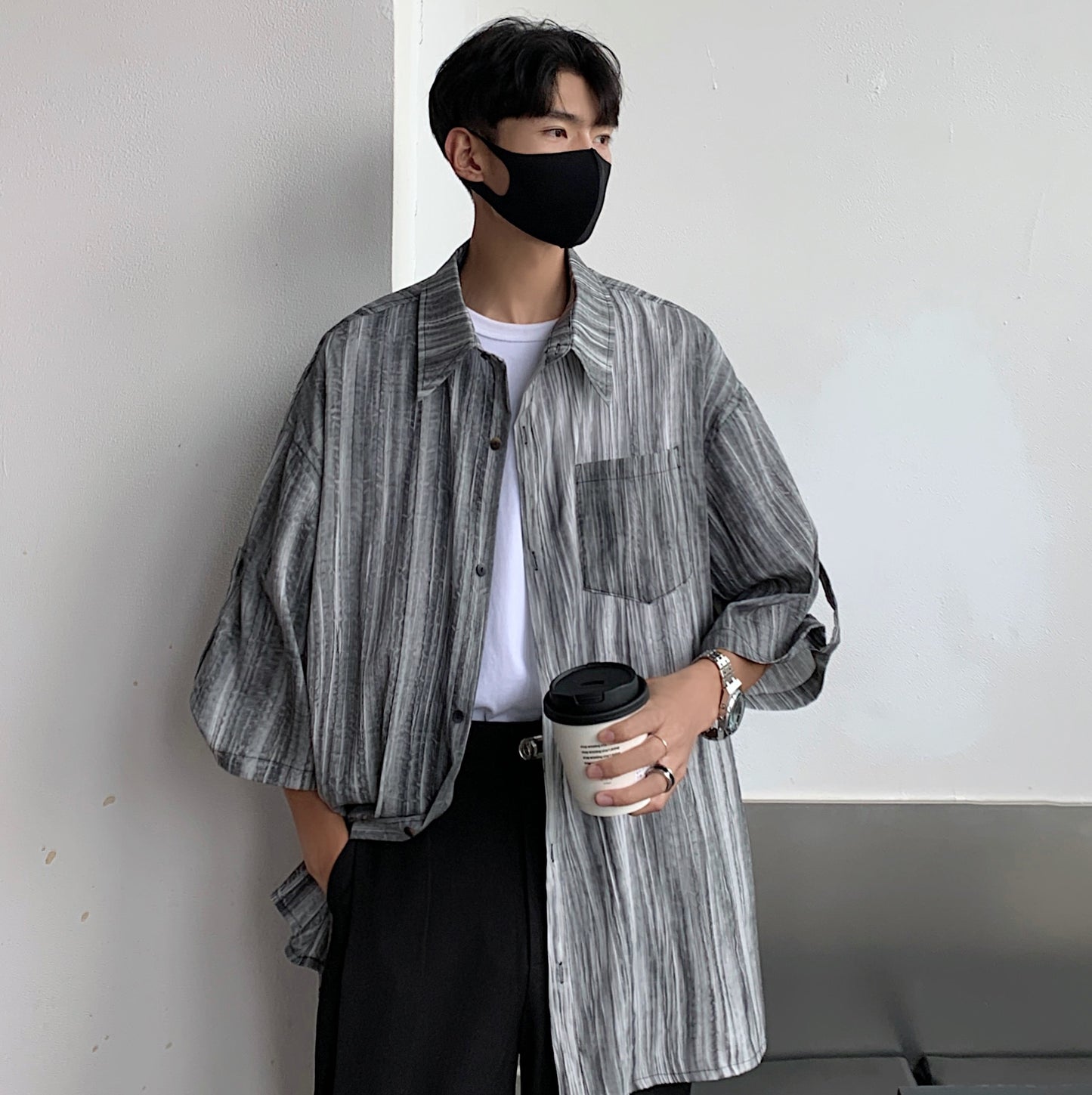 Summer Tie-dye Striped Lapel Short Sleeve Men Casual Shirt Streetwear Pocket Tops 2023 Korean Loose Fashion Shirts Camisas