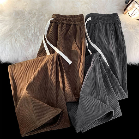 2023 Spring Men's Corduroy Casual Pants Baggy Straight Black Elastic Waist Korean Fashion Streetwear Ankle Wide Leg Sweatpants